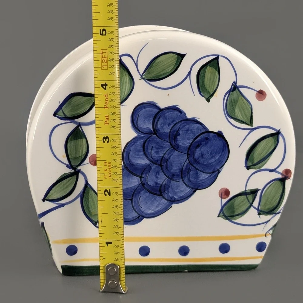 Vintage Hand Painted Ceramic Fruit Napkin Holder Grapes Pear Kitchen Decor
